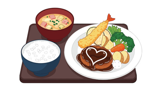 Delicious Japanese set meal featuring hamburger steak with a heart-shaped sauce, tempura shrimp, rice, and miso soup.