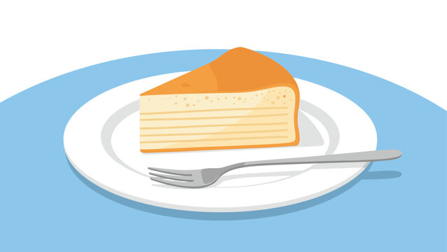 Slice of layered mille crepe cake served on a white plate with a metal fork against a soft blue and white background.