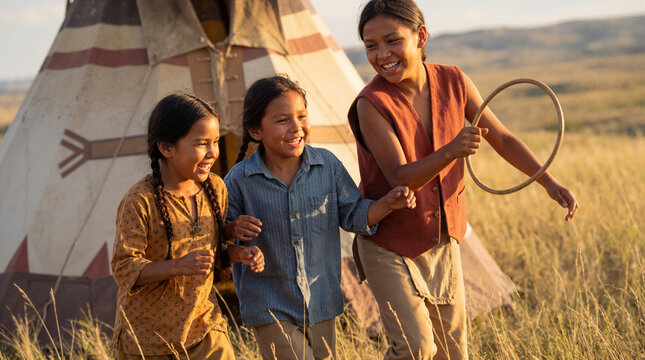 Native American children playing in a field near a tipi at sunset. Indigenous kids running and laughing in a grassy landscape during golden hour. Traditional culture and childhood joy concept
