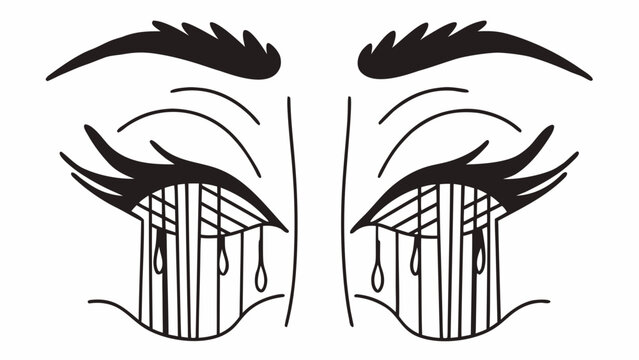 Crying eyes, prison bars, tears, emotional distress, vector illustration