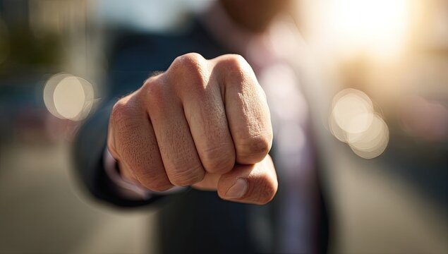 A person in a suit extends a clenched fist forward in a determined gesture