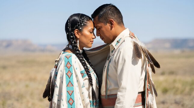 Native American couple in traditional attire during a wedding ceremony. Indigenous man and woman standing forehead to forehead in a desert landscape. Copy space for text