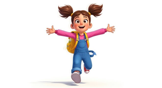 Cute cartoon little girl running happily with a backpack and open arms, back to school concept illustration isolated on a white background
