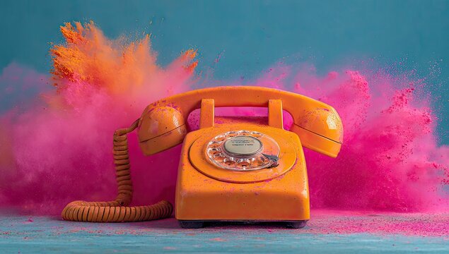 Retro orange rotary phone explodes with vibrant pink and orange powder