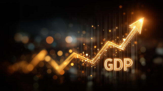 GDP Growth: A shimmering golden arrow charts an upward trajectory, symbolizing economic expansion and progress, set against a backdrop of blurred lights.