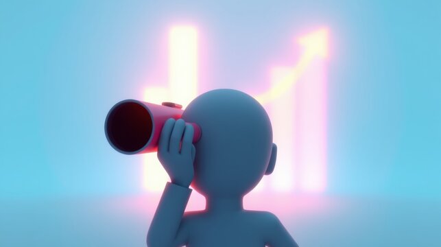Figure observes rising graph using telescope. Bright neon colors dominate minimalist scene. Future growth concept.