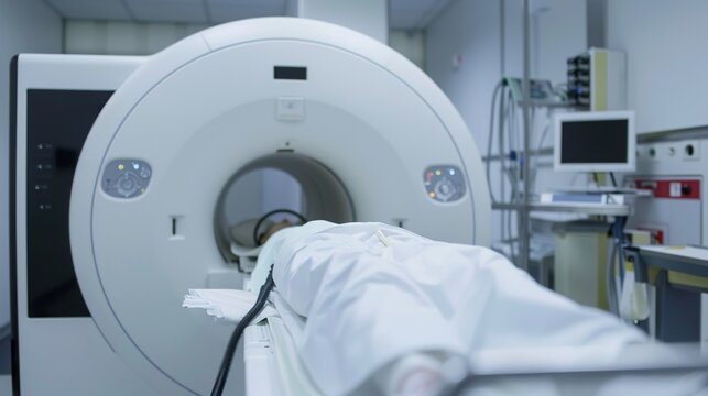 Medical illustration of PET scan (Positron Emission Tomography), an advanced nuclear medicine imaging technique used to visualize metabolic and biochemical activity in organs and tissues