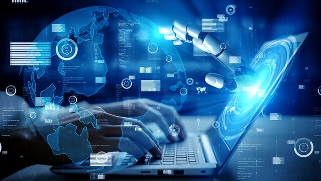 Futuristic robot artificial intelligence enlightening AI technology concept