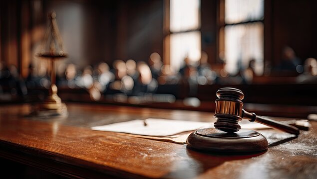A judge's gavel rests on a wooden bench in a courtroom