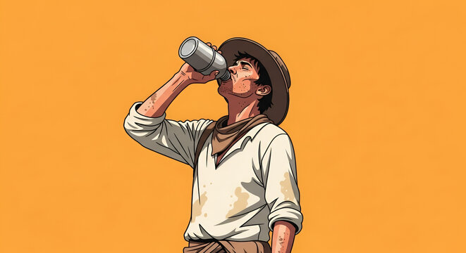 Cartoon cowboy drinks refreshing water from metal bottle in hot desert wearing hat and sweaty shirt in illustration