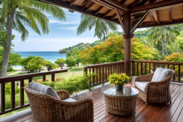 Fototapeta premium Tropical resort balcony overlooking amazing ocean view