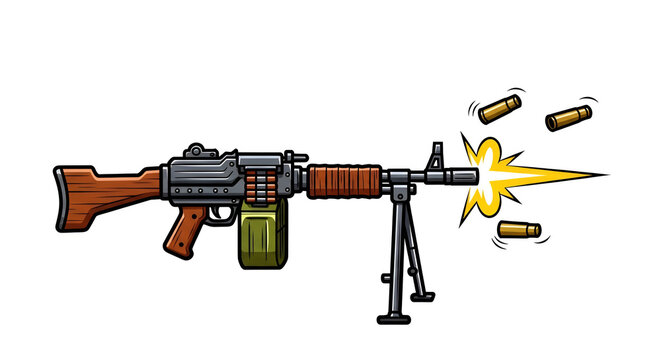 Cartoon firing machine gun illustration in vector style with gun flash effect and flying bullet casings on a white backdrop