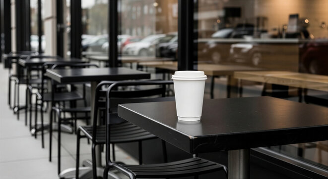 Coffee cup mockup with copy space on a black table at a modern urban outdoor cafe on a beautiful sunny day in the city