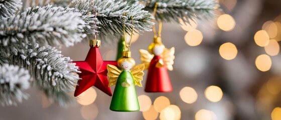 Naklejka premium Christmas tree ornaments hanging on snowy branch with bokeh