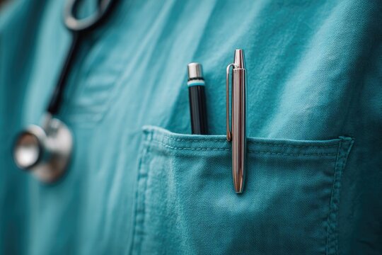 Close-up of a medical professional's scrub top showing a stethoscope and writing instruments