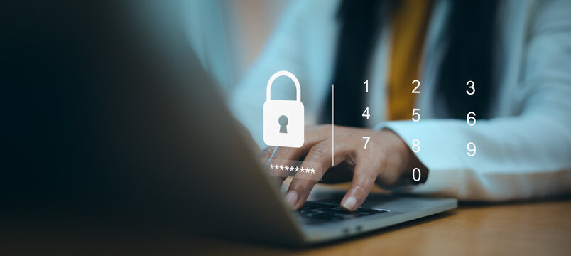 Cyber security and data privacy protection concept.Information technology safety and encrypted data access.Businesswoman entering password on laptop for secure login.digital pin code hologram.