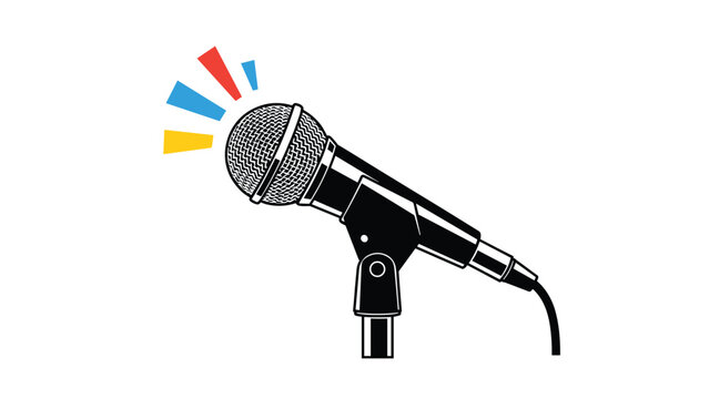 Professional vocal microphone on a stand with colorful abstract sound waves or lights on a white background for recording.