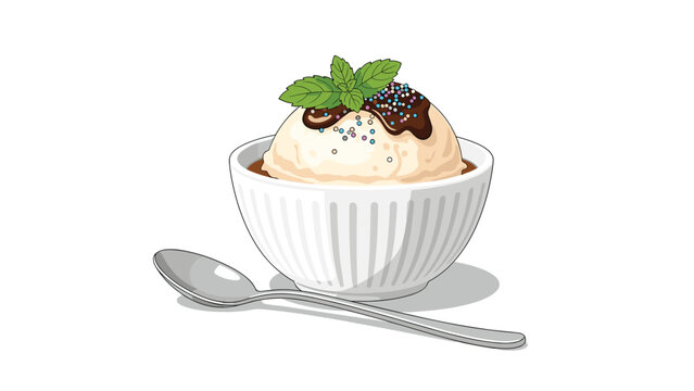 Delicious vanilla ice cream scoop topped with chocolate syrup colorful sprinkles and fresh mint leaves in a white bowl.