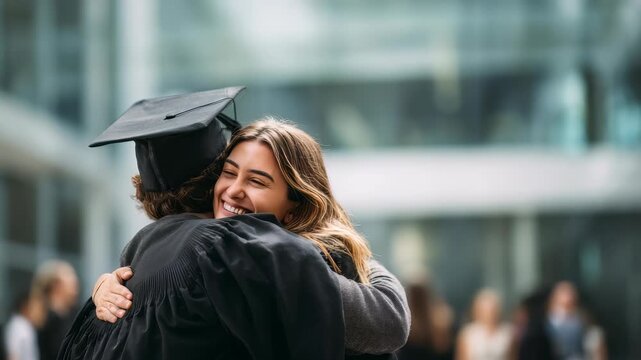Happy female congratulating a friend on graduation day, sharing a warm hug in front of a contemporary glass building. Emotional moment of success, pride, and friendship captured in natural light