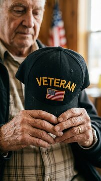 Elderly man holding veteran cap