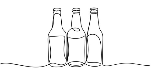 Line art illustration of empty beer bottles standing upright and tilted, minimalist continuous one line drawing of alcoholic drink containers. © JCS Graphic Design 