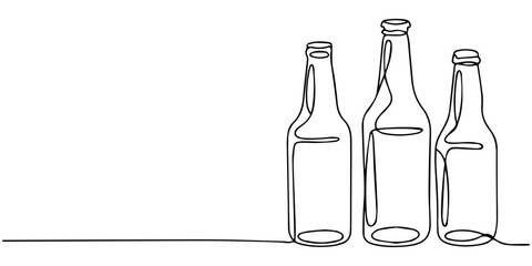 Line art illustration of empty beer bottles standing upright and tilted, minimalist continuous one line drawing of alcoholic drink containers. © JCS Graphic Design 