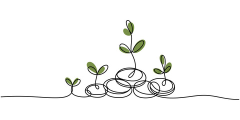 Obraz premium Stacks of coins with plant sprouts on continuous line