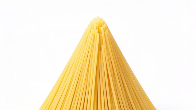 Raw spaghetti pasta arranged in a pyramid shape on white background dry italian food ingredient for cooking healthy nutrition concept isolated minimalist copy space vertical compos