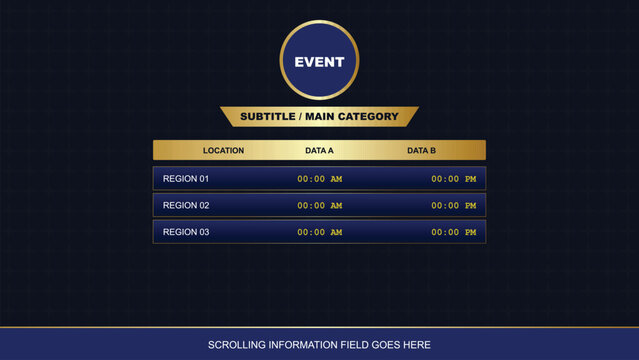 Blue and gold event schedule template with placeholder text on dark background