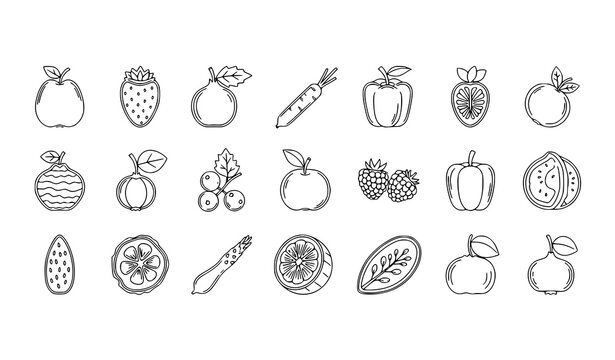 Abstract fruits vegetables and nuts coloring outline set of 17 vector illustration isolated on white background