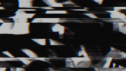 Obraz na płótnie Canvas Black and white glitch background contains chromatic aberration and signal corruption. Digital noise with scanline artifacts creates an abstract distortion overlay for retro tech designs.