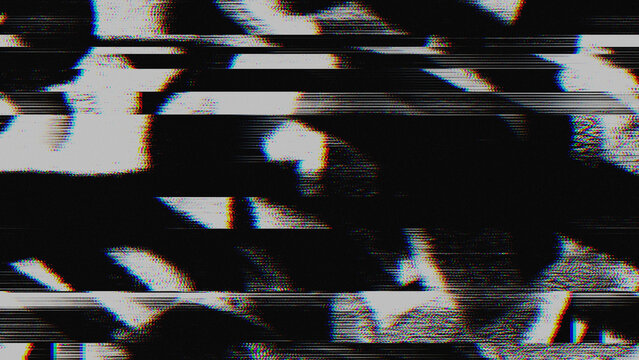 Black and white glitch background contains chromatic aberration and signal corruption. Digital noise with scanline artifacts creates an abstract distortion overlay for retro tech designs.