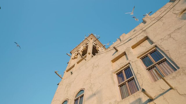 Traditional wind tower of old traditional Emirati house in Al Seef Dubai. Al Seef Dubai is a place of Old Traditional Emirati Architectural Building Houses Shops or Souq