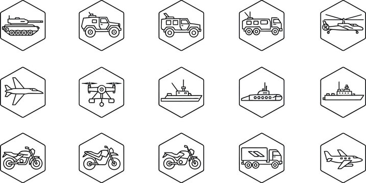 Collection of fifteen monochrome line icons representing various modes of military and civilian transportation systems for logistics planning