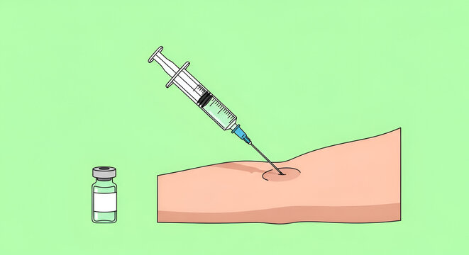 Cartoon syringe injecting vaccine into arm with vial on green background for health medical treatment and immunization design