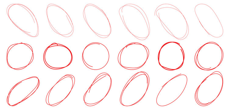 Collection of hand drawn red pen circles and ovals set. Marker circle doodles. Ellipse pencil doodles for highlights. vector illustration