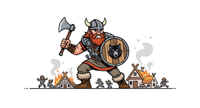 Cartoon Viking raiding village with axe and shield illustration; Fantasy conqueror with horned helmet attacking houses and running villagers