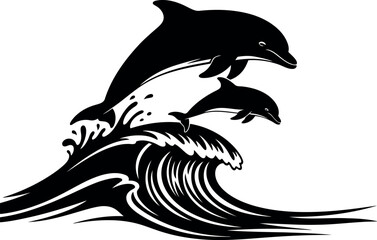 Obraz premium Three Dolphins Leaping Over Ocean Waves Artistic Illustration Design