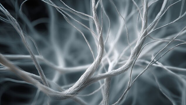 Close-up, abstract view of delicate, interwoven, pale, thread-like structures