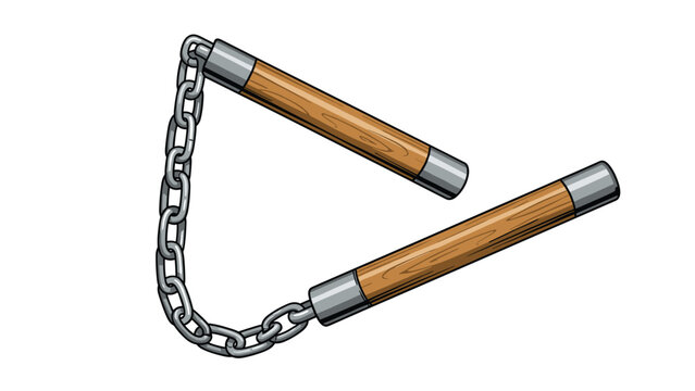 Traditional martial arts nunchaku with two wooden handles connected by a sturdy metal chain, suitable for karate and weapon themes.