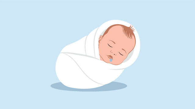 Adorable newborn baby wrapped snugly in a soft white swaddle cloth sleeping peacefully on a calming light blue background surface.