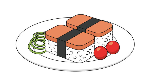 Plate featuring two pieces of Hawaiian spam musubi sushi garnished with curly green onions and fresh red cherry tomatoes on the side.