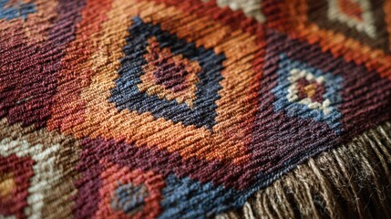 Fototapeta premium Close up view of a woven textile with geometric patterns in warm tones showing fringed edges
