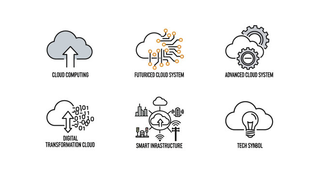 Set of line art icons representing cloud based technology services including data storage digital transformation and smart infrastructure concepts