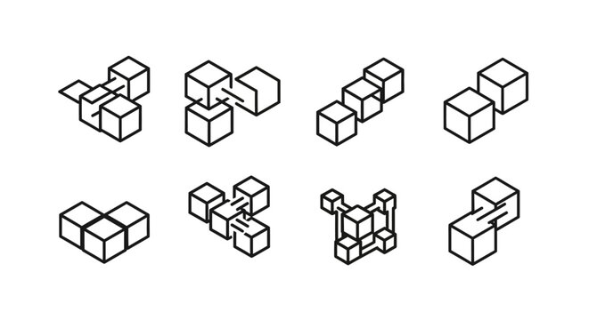 Abstract minimalist vector graphic set of interlocking modular cube shapes on a white background, demonstrating geometric design and 3D modeling, evoking a sense of connection and creativity