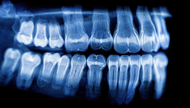 X-ray of human teeth, showing roots, enamel, and jawbone structure