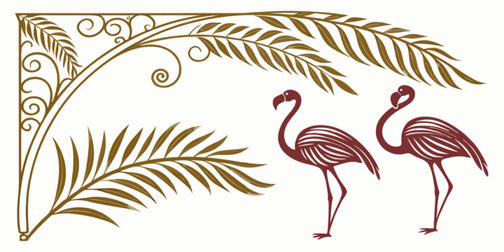 Tropical flamingos and palm leaves decorative corner ornament, vector