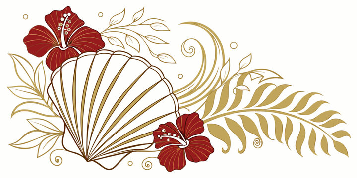 Tropical seashell with red hibiscus flowers and gold leaves, vector