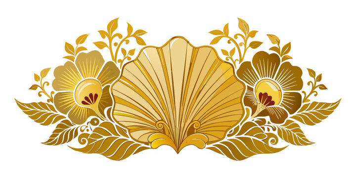 Ornate golden scallop shell with floral elements, vector