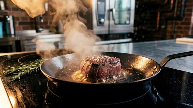 Slow motion footage of a thick beef filet mignon steak searing in a hot cast iron pan with steam and smoke, gourmet chef cooking dinner in a professional restaurant kitchen setting.